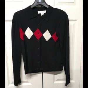 Jones New York black,white and red button front sweater. Acrylic and lambs wool.